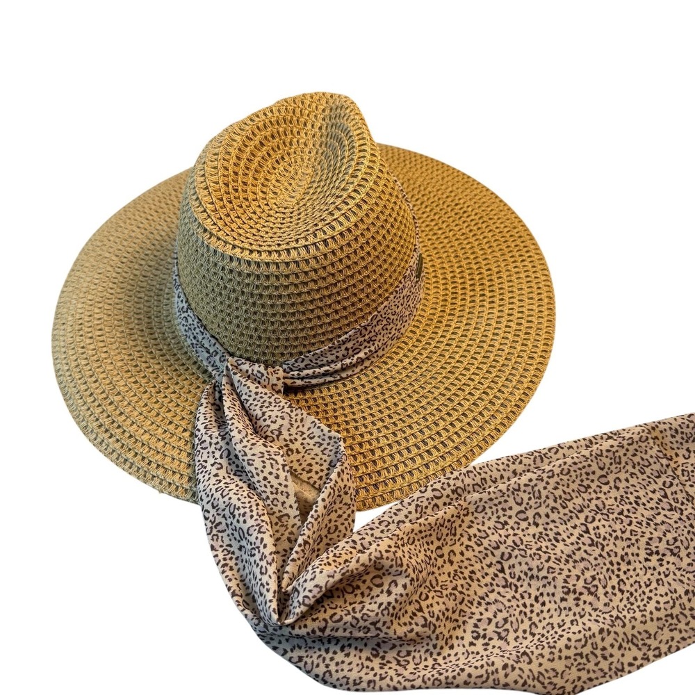 Sun N Sand Hat Sun Adjustable Womens Beige Straw Wide Brim Scarf Animal Print